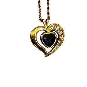 Vintage Avon Gold Black CZ Heart Necklace Valentine Love Jewelry